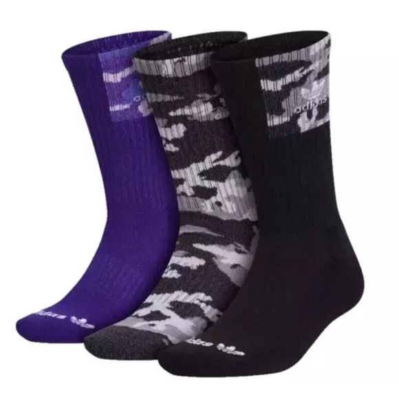 Adidas Crew Socks 3 Pair Men's 6-12 Black Gray Purple Camo w Logo & Trefoil NEW! - Picture 3 of 12
